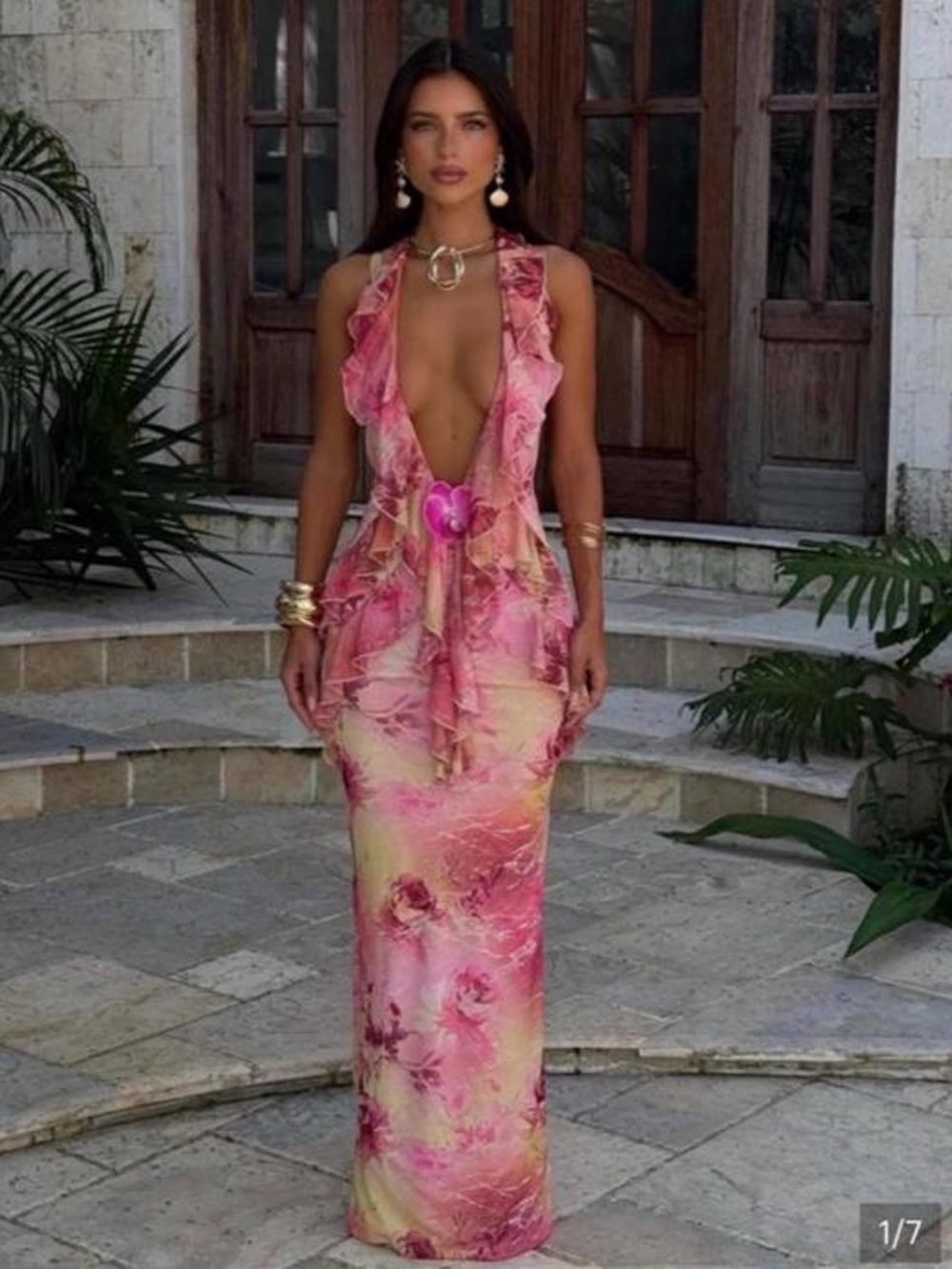 Deep V Ruffle Floral Maxi Dress in Pink